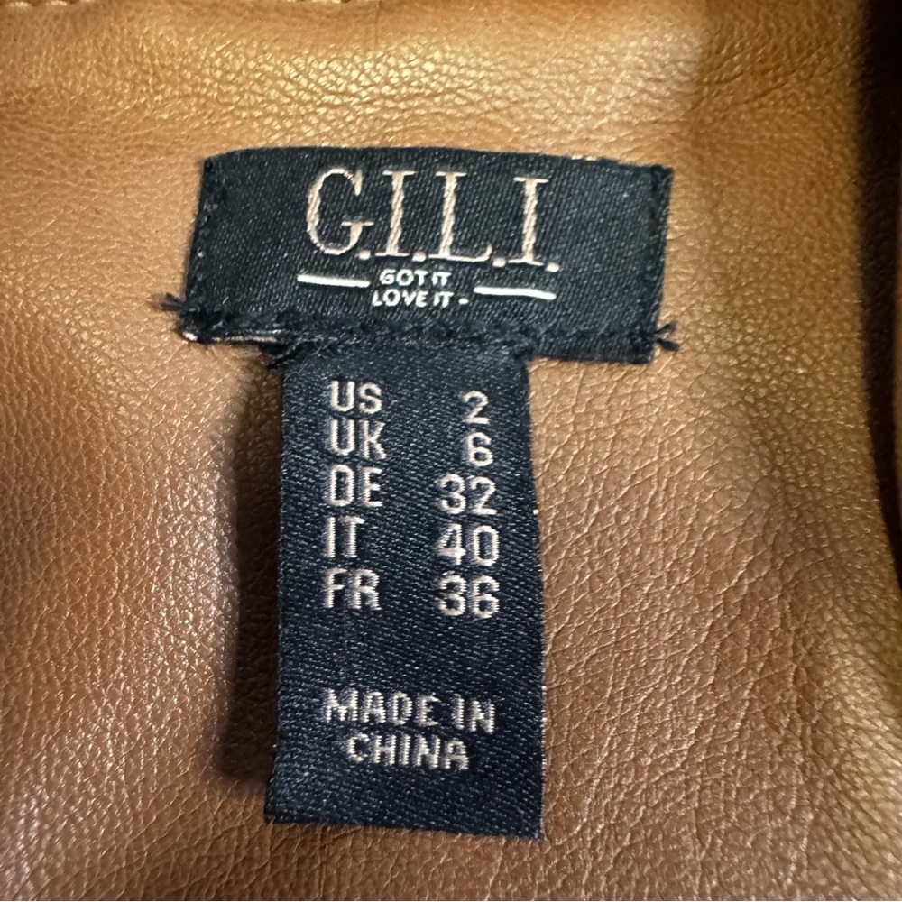 GILI British Tan Leather Peplum Jacket Coat 
Size 2  Zip Front and Sleeves NWT - Picture 6 of 17